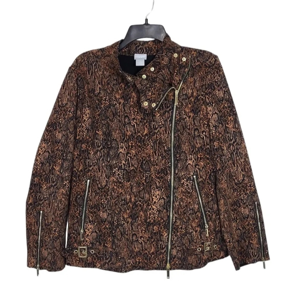 Chicos Motto Jacket Travelers Collection Snake Print Accent Zippers